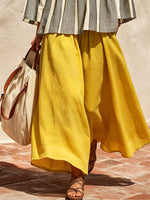 Culottes da donna a vita alta, ampie, in cotone e lino plissettato