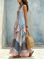 Robe maxi de vacances pour femme, sans manches, à rayures horizontales contrastées rose et bleu, fluide et asymétrique.