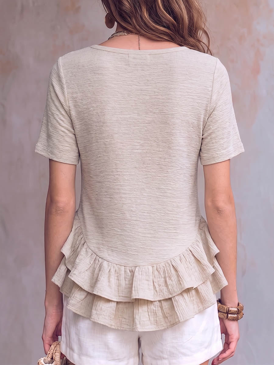 Damen T-Shirt mit Rundhalsausschnitt, einfarbig, kurzärmelig, lässig, locker, aus Baumwoll-Leinen