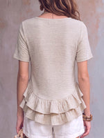 Damen T-Shirt mit Rundhalsausschnitt, einfarbig, kurzärmelig, lässig, locker, aus Baumwoll-Leinen