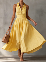 Sonnengelbes Maxikleid mit Streifen – Kreuzfahrt-taugliches Neckholder-Sommerkleid