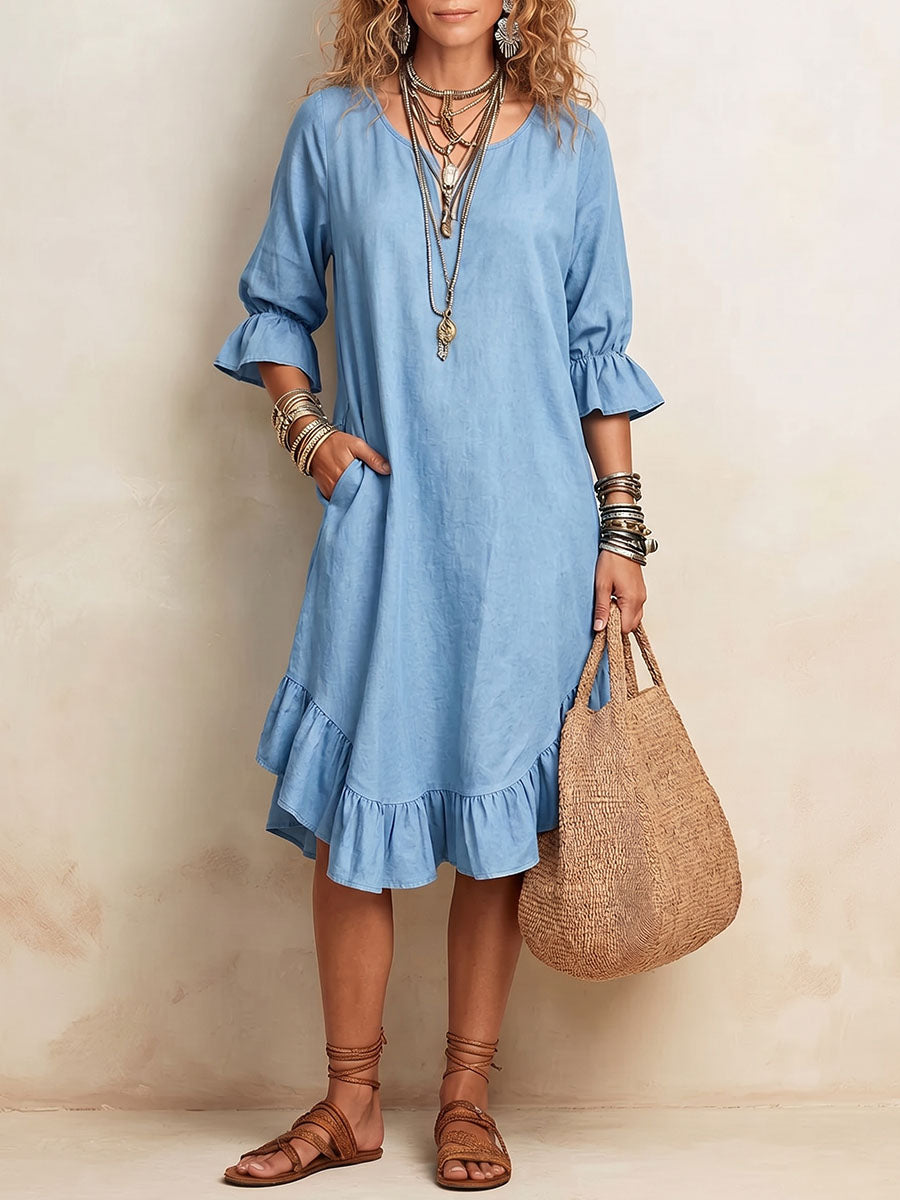 Vestido casual suelto de algodón y lino para mujer, de color sólido, con escote en V y manga 3/4