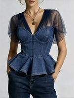 Dames effen tule gesplitste denim top met ruches en tailleaccent, cropped model
