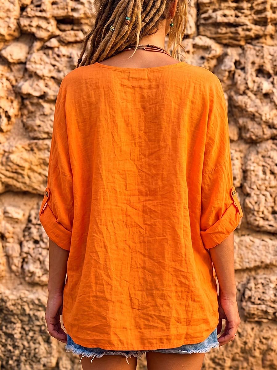 Top casual da donna in cotone e lino, a tinta unita, con scollo a V e maniche lunghe, dalla vestibilità ampia.