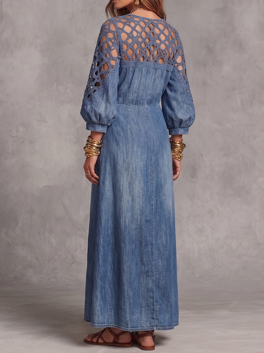 Vestito vintage elegante in denim con inserti in pizzo e patchwork cut-out