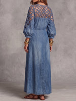 Vestito vintage elegante in denim con inserti in pizzo e patchwork cut-out
