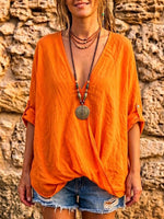 Top casual da donna in cotone e lino, a tinta unita, con scollo a V e maniche lunghe, dalla vestibilità ampia.
