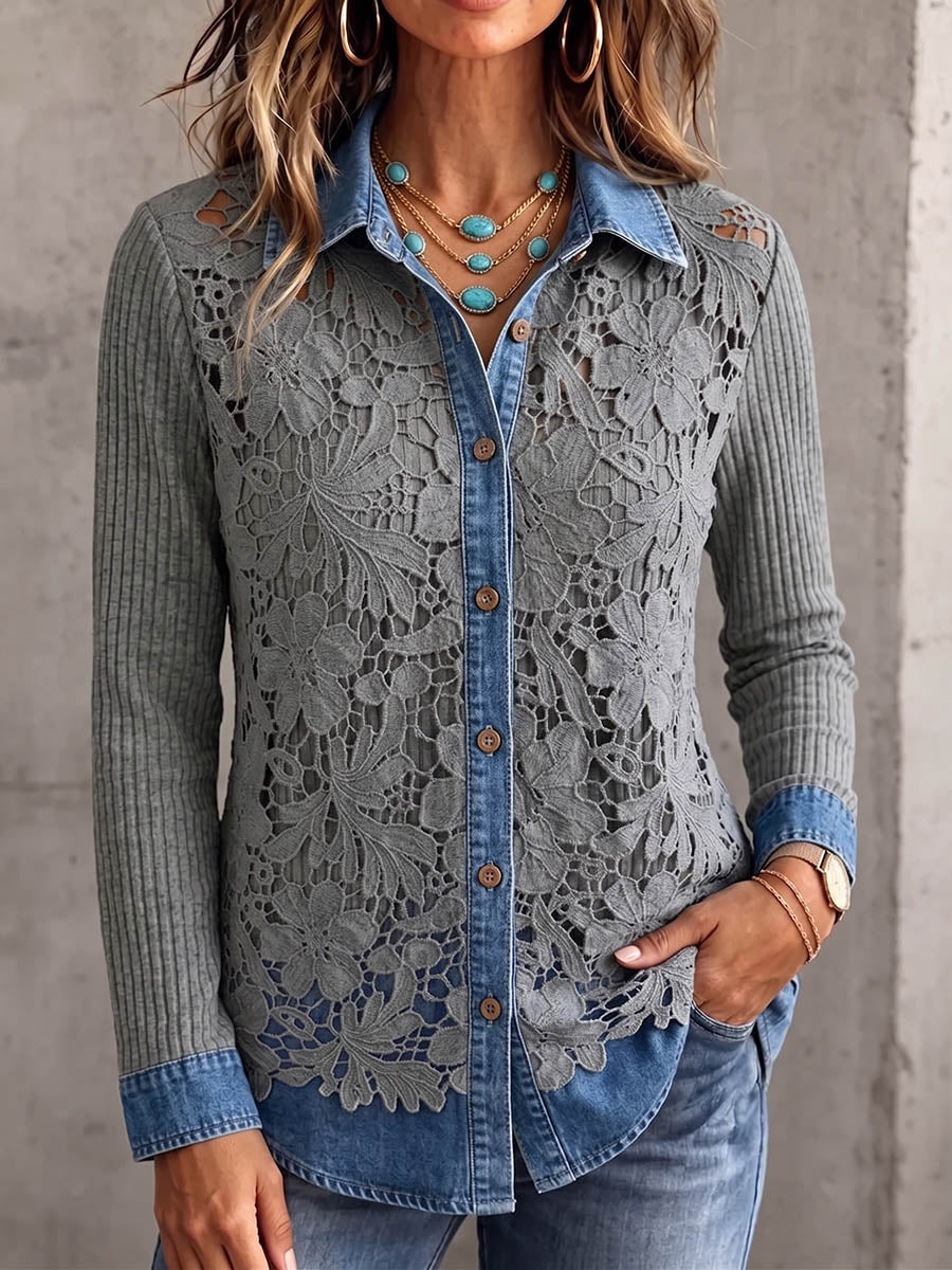 Camisa Vintage Elegante de Patchwork con Tejido y Recortes