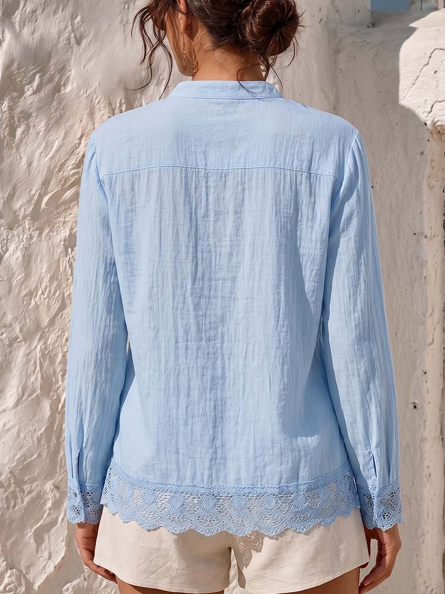 Damen Langarmshirt aus Baumwoll-Leinen mit Stehkragen, einfarbig, locker geschnitten, mit Spitzenbesatz