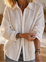 Camicia casual a maniche lunghe in lino e cotone con inserto in nastro traforato