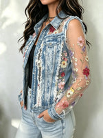 Damen Jeansjacke mit Blumen und Mesh-Einsätzen
