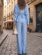 Women's Collared, Fitted Satin Blouse And High-waisted Wide-leg Trousers Two-piece Set