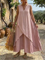 Abito lungo asimmetrico in lino color rosa polvere