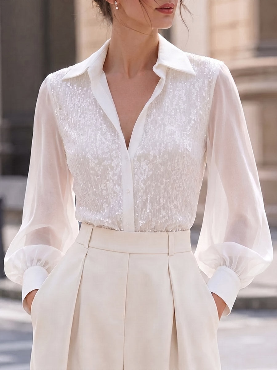Damen Chiffonbluse in Uni mit langen Ärmeln, Paillettenpaneelen, Reverskragen und lockerem, lässigem Schnitt