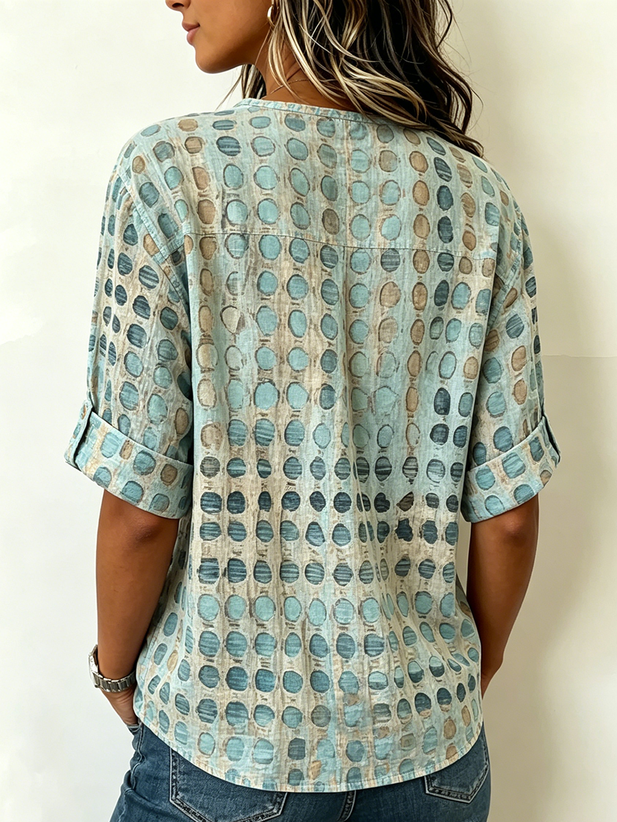 Camicia Henley in cotone e lino con stampa artistica a pois acquerellati