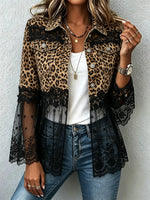 Chaqueta de mezclilla para mujer con encaje y estampado de leopardo