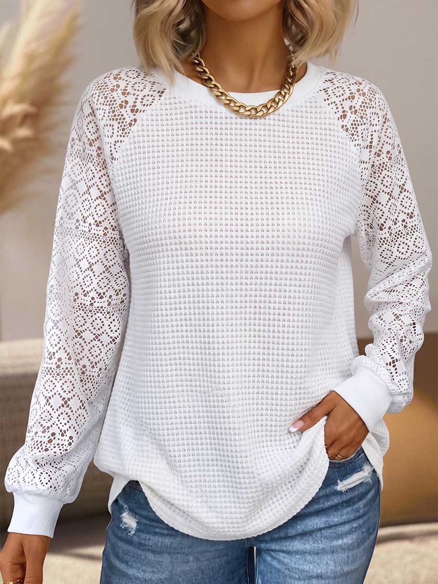Damen Pullover in Uni-Farbe mit Rundhalsausschnitt, langärmlig, locker geschnitten, mit Cut-out und Strickpaneel