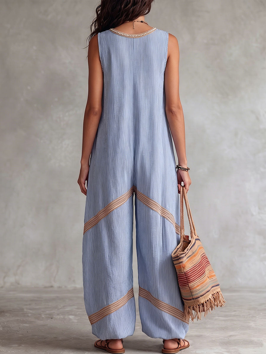 Mono casual holgado de algodón y lino para mujer con estampado a rayas, cuello en V, sin mangas y pierna ancha