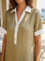 Robe chemise midi en coton-lin à col bicolore, demi-boutons, fente latérale et poches pour femmes