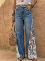 Jeans de pierna ancha con panel lateral de encaje para mujer