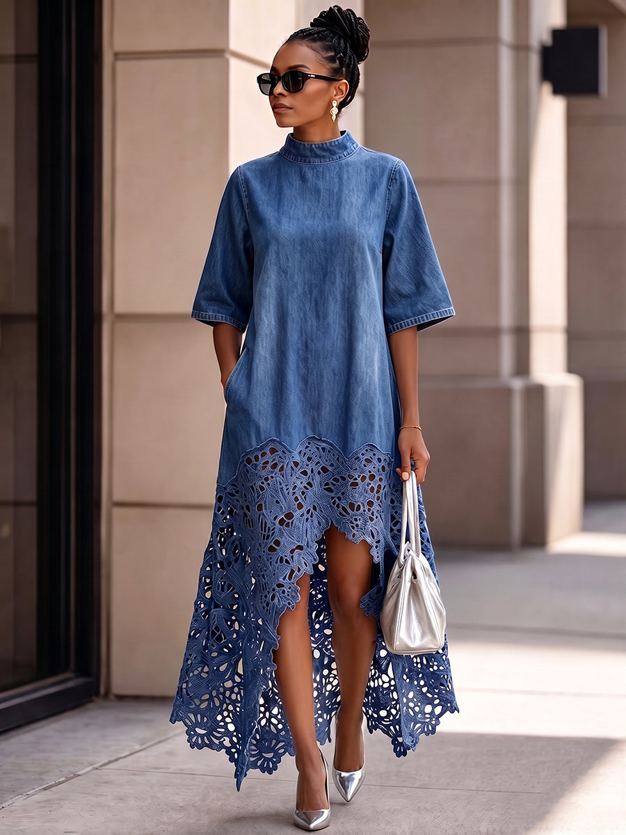 Robe élégante et stylée en denim léger avec ourlet en dentelle