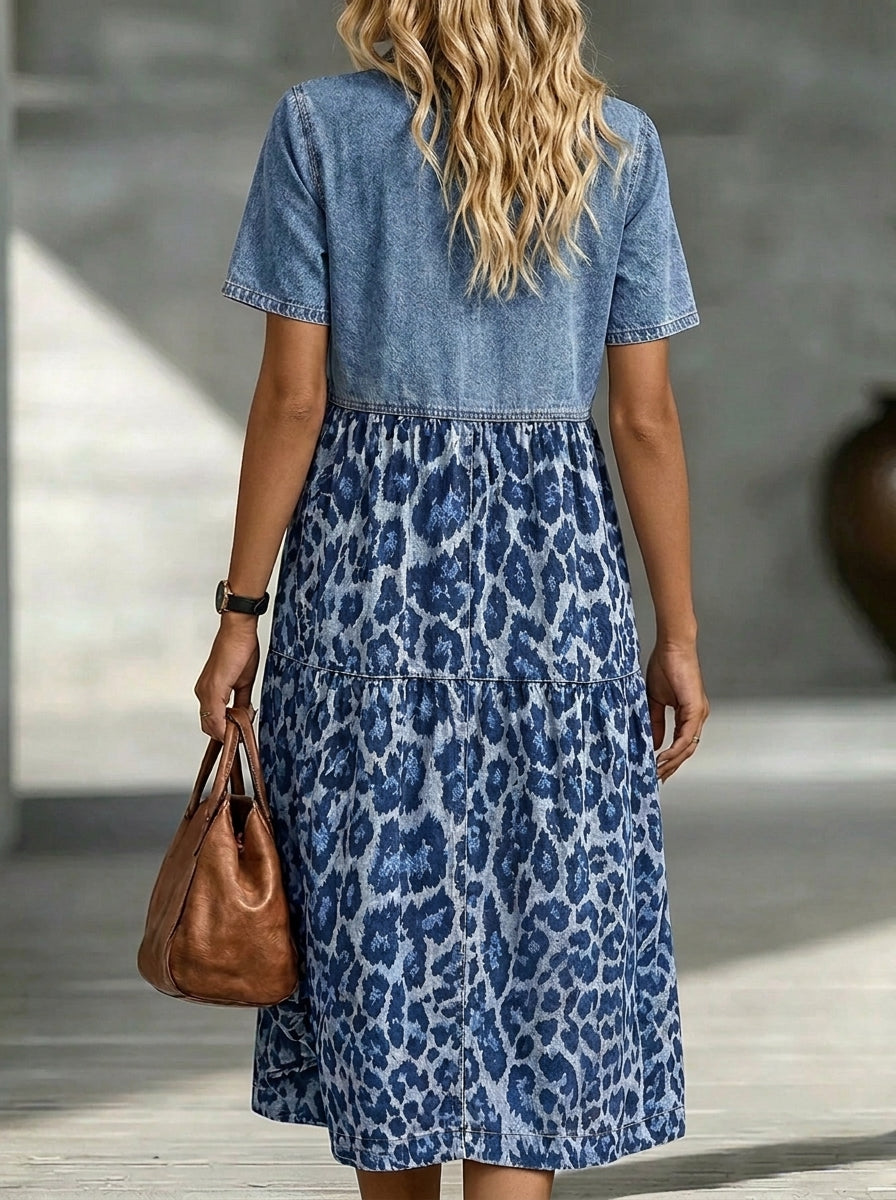 Vestido midi de mezclilla para mujer con estampado de leopardo, parche y mangas cortas en capas
