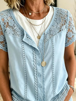 Cardigan da donna a maniche corte in cotone solido con pizzo floreale traforato e cuciture a contrasto