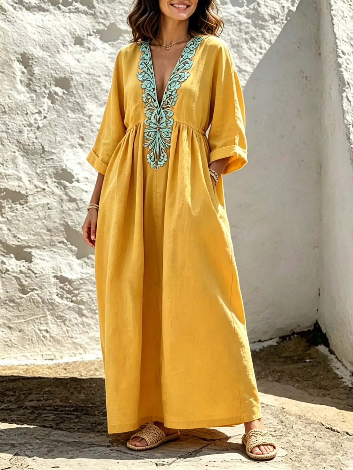 Damen Einfarbiges Mintgrünes Besticktes V-Ausschnitt Lockeres Kaftan Maxikleid
