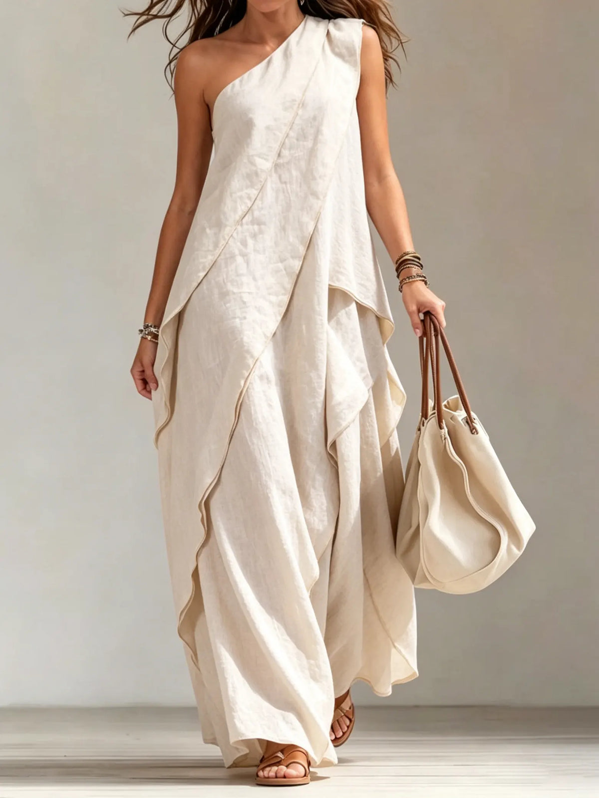 Vestido maxi de lino mezclado para mujer con un solo hombro y drapeado
