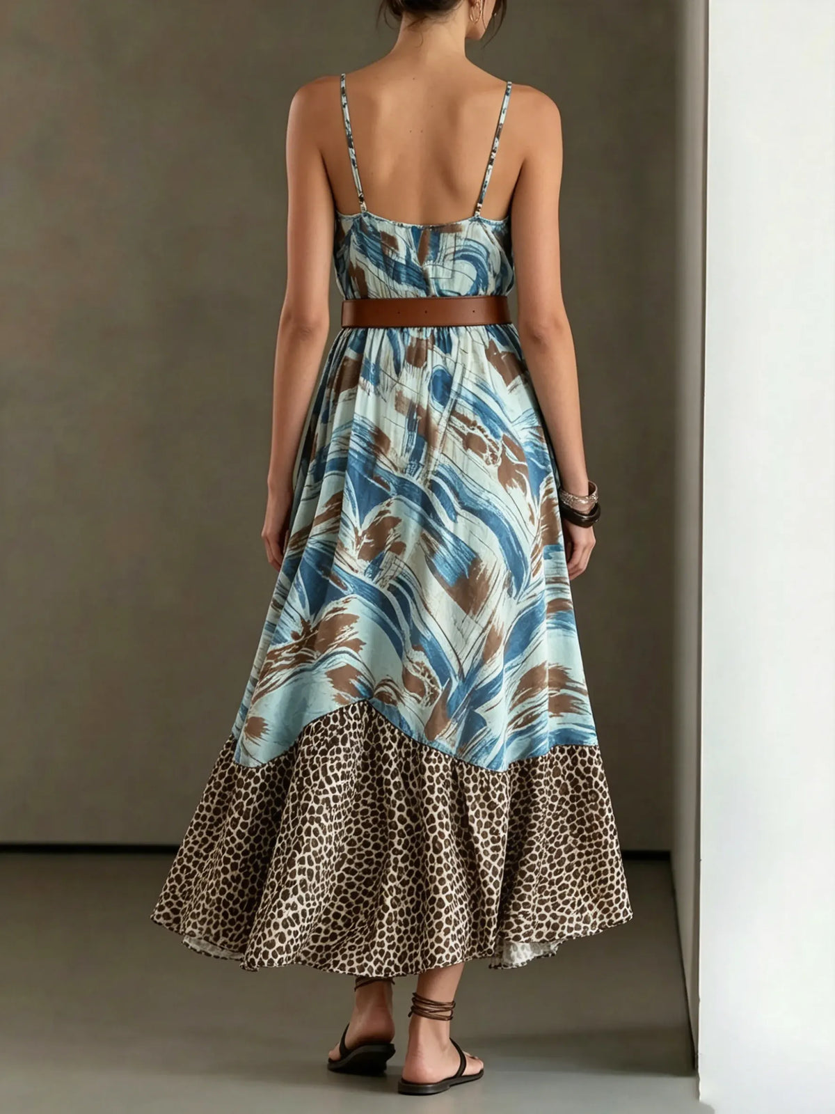 Maxikleid für Damen mit Leopardenmuster und Patchwork-Design
