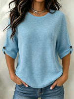 Top da donna in maglia waffle con maniche a bottoni