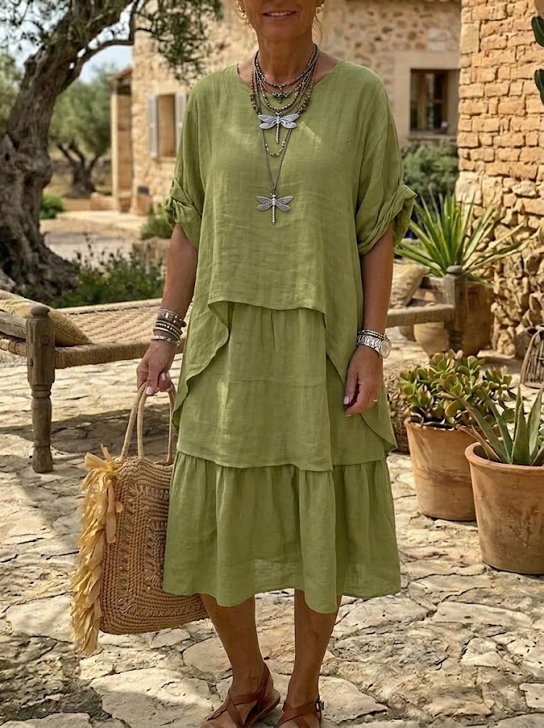 Damen Midi-Kleid in Olivgrün mit Stufenrock