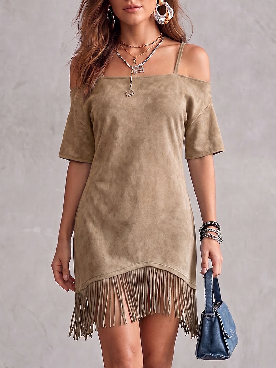 Vestito casual da donna in camoscio, tinta unita, maniche corte, ampio, con nappine