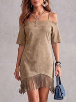 Vestito casual da donna in camoscio, tinta unita, maniche corte, ampio, con nappine