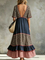 Vestido maxi de mujer con escote en V, diseño de rayas de leopardo y capas combinadas