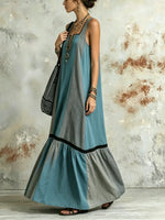 Damen Maxikleid mit Kontrastfarben, einfarbigem Streifenmuster, Patchwork, quadratischem Ausschnitt und ärmellos
