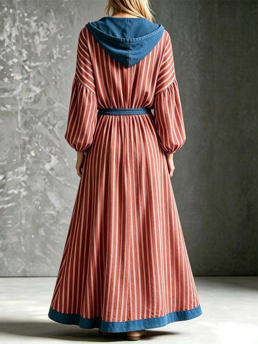 Robe longue décontractée en coton et lin à manches 3/4, à capuche, à rayures rétro et coupe ample