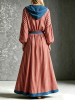 Robe longue décontractée en coton et lin à manches 3/4, à capuche, à rayures rétro et coupe ample