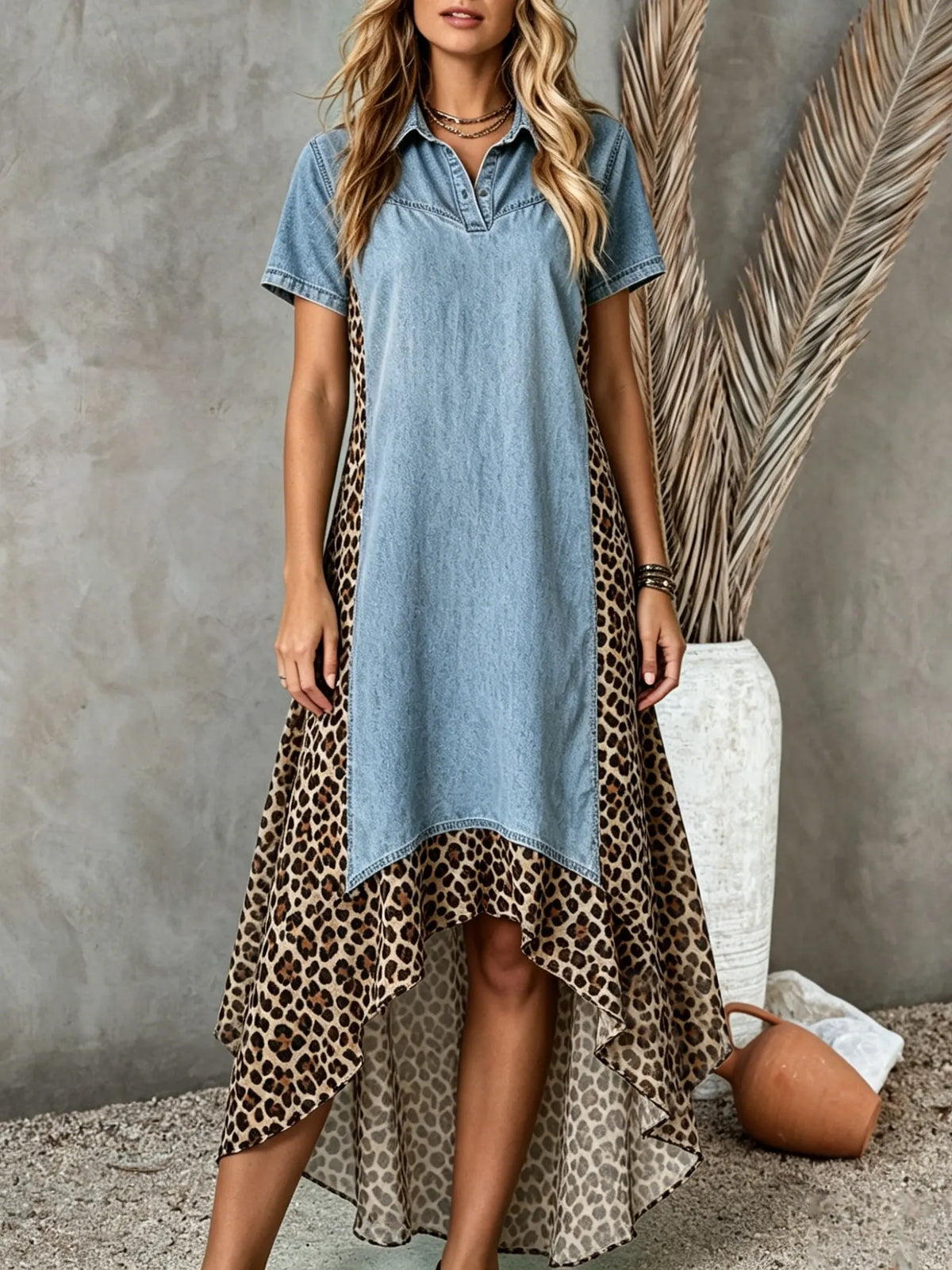 Damen Jeans Patchwork Klassisches Leopardenmuster Unregelmäßiger Saum Hemd Maxi Kleid
