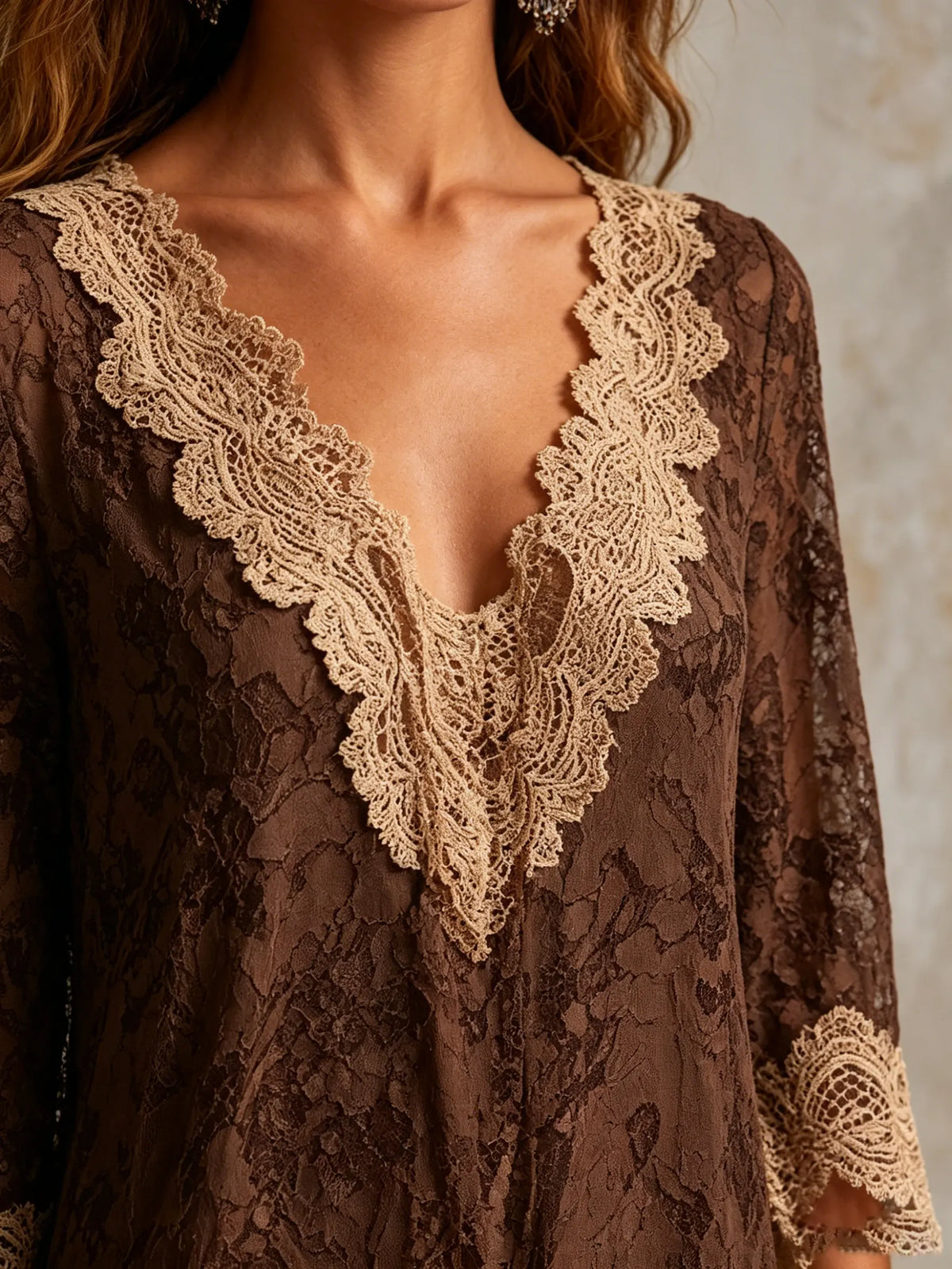 Maxikleid für Damen im Boho-Stil mit Blumenmuster, Spitze und Volants