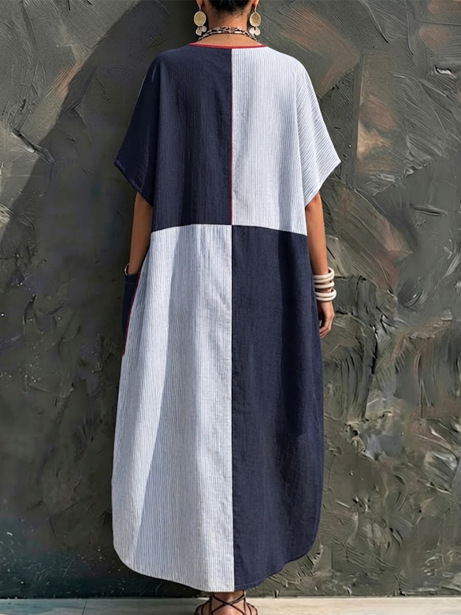 Vintage lässiges geometrisches Block-Kontrast-Streifen-Design mit roter Paspelierung, V-Ausschnitt, großer Tasche, locker sitzend, knöchellang, Urlaub Maxi-Kleid