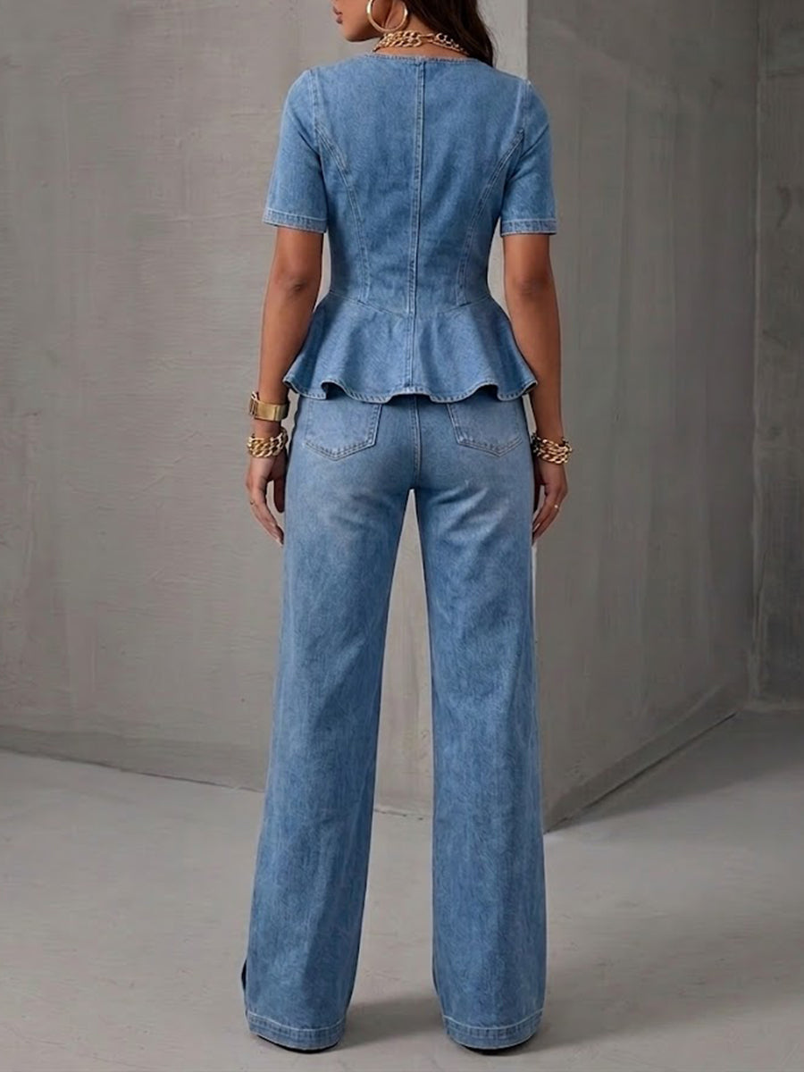Conjunto de dos piezas de mezclilla elegante, casual y ajustado (parte superior y jeans)