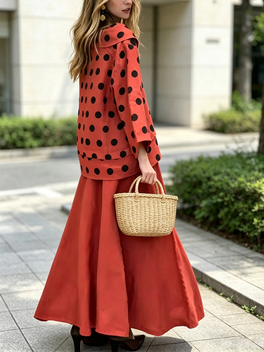 Conjunto de dos piezas de algodón y lino con top casual de cuello drapeado y falda de lunares retro