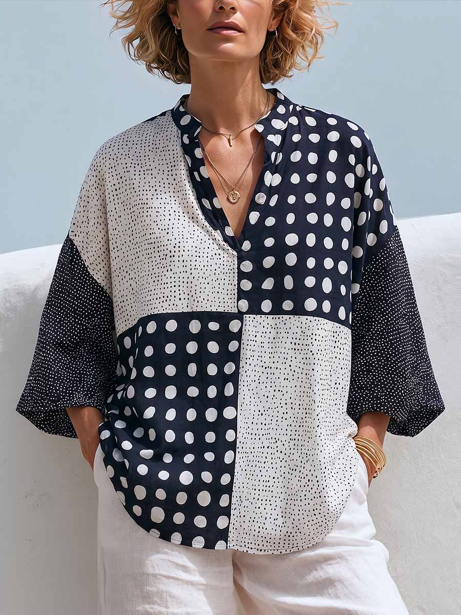 Top casual da donna in cotone e lino, stampa a pois, scollo a V, maniche 3/4, vestibilità ampia
