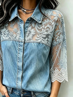 Camicia di jeans da donna con colletto, maniche 3/4 e patchwork in pizzo floreale