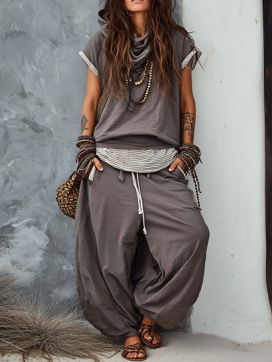 Conjunto Casual de Algodão com Hoodie e Calças de Corte Solto