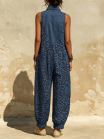 Jeans-Revers Fake-Zweiteiler Splice Blau Leopard V-Ausschnitt Ärmellos Locker Bündchen Harem Overall