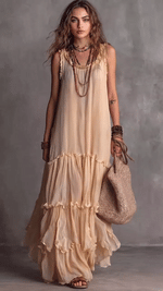 Robe longue style resort sans manches à fines bretelles spaghetti pour femme, en chiffon fluide avec volants, idéale pour la plage.