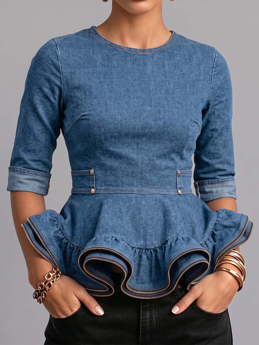 Blusa casual de mezclilla para mujer, de corte holgado, con cuello redondo y mangas 3/4