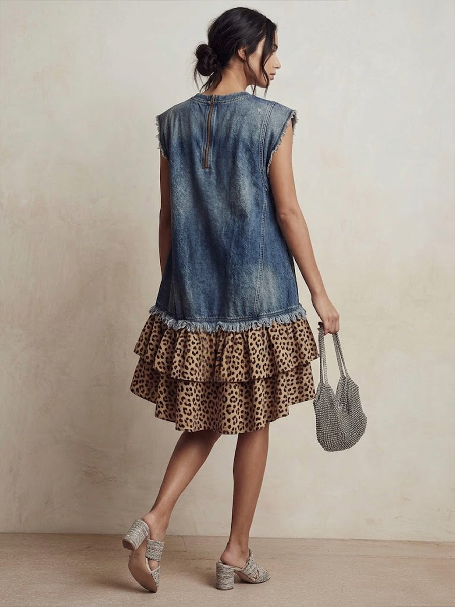 Vestito corto casual in denim con patchwork leopardato e volant